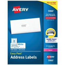 Easy Peel Mailing Address Labels, Inkjet, 1" x 2-5/8", White, 30 Labels / Sheet