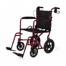 Basic Aluminum Transport Chair with Permanent Full-Length Arms, Swing-Away Footrests and 12" Wheels, Red