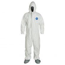 Tyvek 400 Zip Front Coverall with Respirator Fit Hood and Attached Skid-Resistant Boots, Style TY122S, White, Size 5XL, NAFTA Compliant