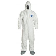 Tyvek 400 Zip Front Coverall with Respirator Fit Hood and Attached Skid-Resistant Boots, Style TY122S, White, Size L, Vend Packed