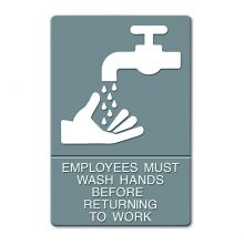 ADA Sign, EMPLOYEES MUST WASH HANDS... Tactile Symbol / Braille, 6" x 9", Gray