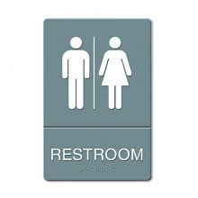 ADA Sign, Restroom Symbol Tactile Graphic, Molded Plastic, 6" x 9", Gray